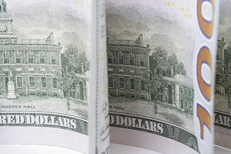 Closeup macro of one hundred US dollar banknote.-Image.の写真素材