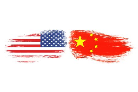 USA and China flag on white background which it symbol of United states of America and China economic tariff trade war crisis. Copy space and illustration.の写真素材