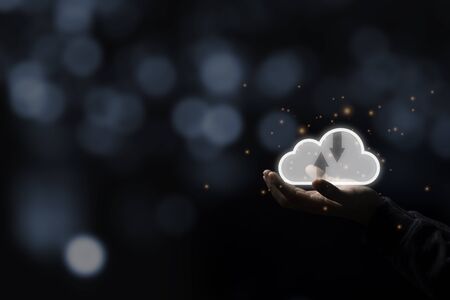 Two hand holding virtual  cloud illustration icon with black background. Cloud technology system is...
