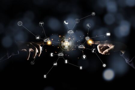 Two hand pointing to virtual artificial intelligence with cloud technology transformation and...