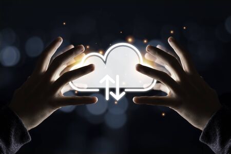 Two hand try to touching illustration of cloud computer for download and upload technology...