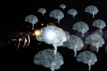 Hand touching creativity illustration electronic circuit brain. It is artificial intelligence and AI...