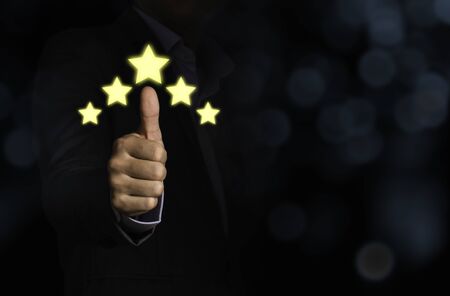 Customer thumb rise up with yellow illustration 5 stars virtual screening monitor for satisfaction...