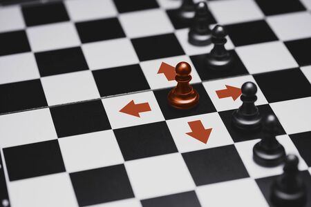 ed pawn chess stepped out of line to show different thinking ideas and leadership. Business technology change and disruption for new normal concept.の写真素材