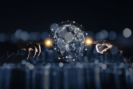 Hand touching virtual world with connection network. Global data information and technology exchange.の写真素材