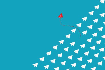 Red paper plane out of line with white paper to change disrupt and finding new normal way on blue background. Lift and business creativity new idea to discovery innovation technology.の写真素材