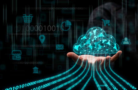 Businessman holding virtual cloud computing to transfer data information and upload download...
