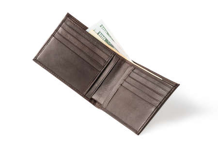 Isolated of brown leather wallet bifold with money banknotes on white background.