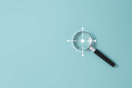 Magnifier glass with virtual focus illustration with copy space on blue background.の写真素材