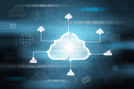 Virtual Cloud computing illustration with icon on blue background. Cloud technology system is...