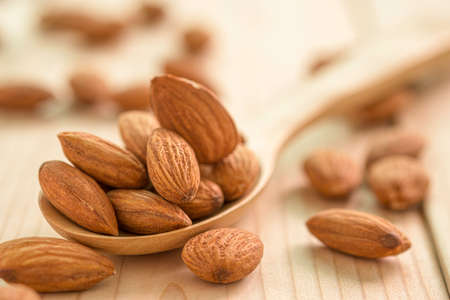 Closeup of brown fresh almonds seed in wooden spoon on wooden table.の写真素材