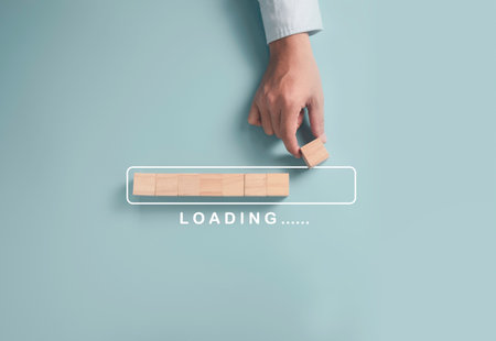 Download Upload data information and business progressive concept, Businessman putting wooden cube...