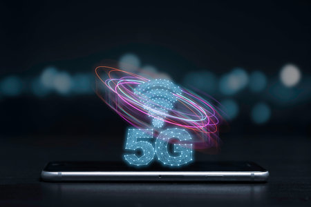 5G and internet of things or IOT concept, 5G and internet sign with virtual effect on smartphone....