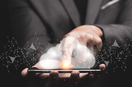 Cloud computing technology transformation concept, Businessman touching on Virtual cloud computing...
