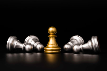 Golden pawn chess stand alone among silver pawns falling for business winner and competition strategy concept.の写真素材