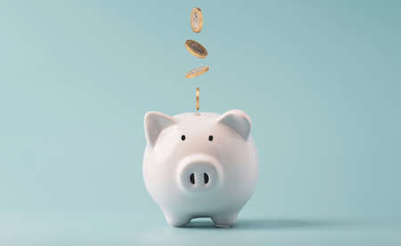 Coins falling to white piggy saving ,  Financial and money deposit concept.