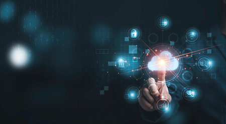 Hand touching infographic cloud computing and technology icons , cloud technology is centralise...