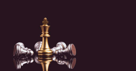 Stand of golden king chess and fallen silver king chess. Winner of business competition and marketing strategy planing concept.の写真素材