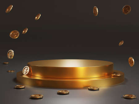 Minimal round golden color blank podium with dark background and us dollar coins for showing product...