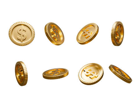 Isolate of collection rotation and different angle of Golden US dollar coins on white background for...