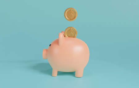 Pink piggy bank and US dollar coins falling on blue background for money saving and deposit concept , creative ideas by 3D rendering technique.の写真素材
