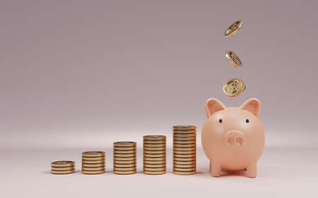 Pink piggy bank and US dollar coins falling on pink background for money saving and deposit concept , creative ideas by 3D rendering technique.の写真素材