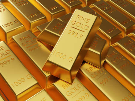 Stock of gold bars stacking by 3d rendering technique , Gold is safety saving and reserve fund of each country.の写真素材