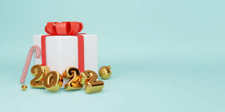 Merry Christmas and happy new year realistic design of gold 2022 year and close white gift boxes...