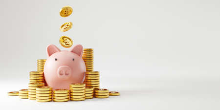 Pink piggy bank and heap of US dollar gold coins falling on pink background for money saving and...