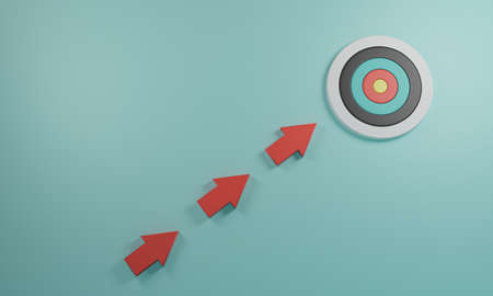 Red arrow moving direction to dartboard on blue background for Business achievement goal and objective target concept.3d renderの写真素材