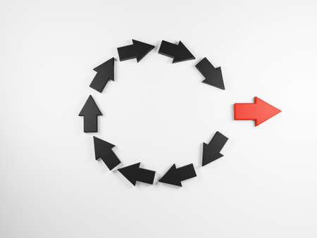 Disruption and technology transformation concept , Red arrow  move out from circle black arrow on white background by 3d render.の写真素材