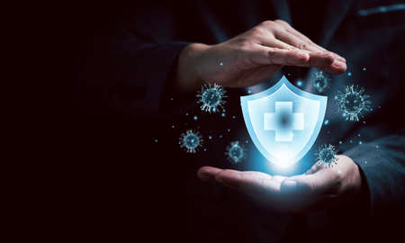 Medical health and life insurance concept , Protective gestures with virtual guard to prevent corona...