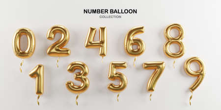 Isolate of golden number balloon 0 to 9 on white background for decorate merry Christmas , Happy new year ,valentine's day and Birthday cerebration party by 3D rendering.の写真素材