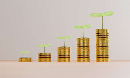Increasing growth coins stacking with plant , investment profit and dividend money from saving...