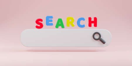 Minimal design white search bar with magnifier on pink background , Web search engine concept by 3D...