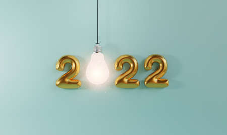Golden 2022 year balloon with lightbulb glowing on blue background for 2022 idea by 3d render...