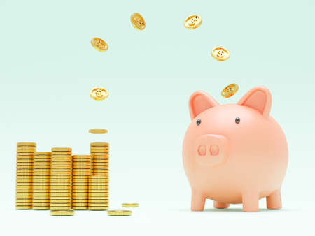 Golden coins flying and floating to piggy bank for creative financial saving and deposit concept...