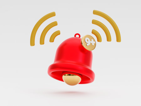 Isolated of Red bell notification ringing alert with nine notices on white background for smartphone...
