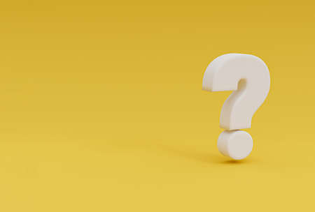 White questions mark illustration on yellow background and copy space for FAQ and question and answer time by 3d rendering.の写真素材