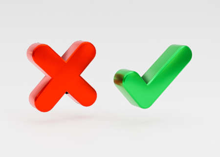 Isolated of Right and wrong icon inside bubble message on white background of green check mark and cross mark by 3d rendering.の写真素材