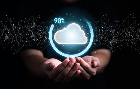 Businessman holding virtual cloud computing with download percentage progress for transfer data...