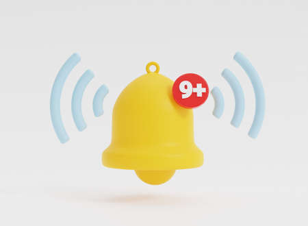 Isolated of Yellow notification bell alarming on white background for alert signal for new message and social media application concept by 3d rendering.の写真素材