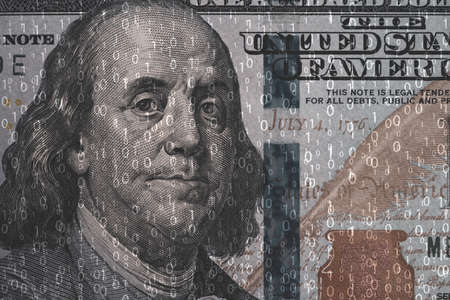 USD dollar banknote with binary number for digital banking technology transformation and crypto currency concept.の写真素材