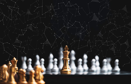 Golden king chess encounter with silver chess enemy on dark background and connection line for strategy idea and futuristic conceptの写真素材