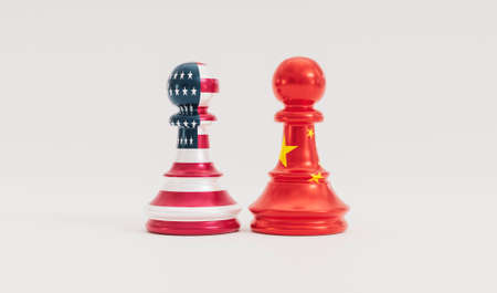 Isolate of USA flag and China flag print screen on pawn chess on white background for competition of business trade war and military between both countries. 3d renderの写真素材