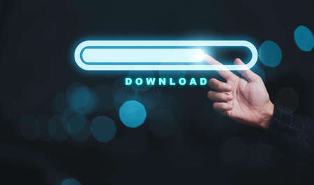 Hand touching virtual download sign symbol for technology transformation and sharing concept.の写真素材