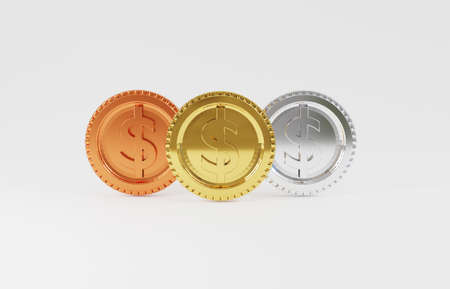 Isolate of USD or dollar gold silver and bronze coin on white background , USD is the main currency exchange in the world by 3d render.の写真素材