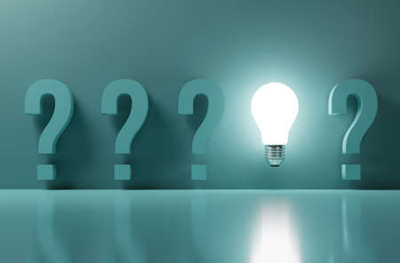 Glowing lightbulb among question mark on green background for creative thinking idea to problem solving and solution concept by 3d rendering.の写真素材