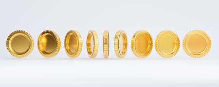Isolate of golden coins in different angle and rotation view on white background by 3d rendering.の写真素材