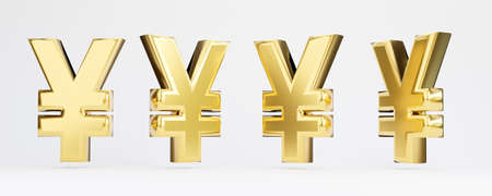 Isolate of golden Yuan or Yen sign in different view on white background by 3d render.の写真素材